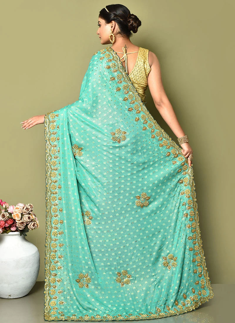 Blue And Pink Color Jacquard Shimmer Hand Embroidery Stone Work Saree Party Wear 4 Blue And Pink Color Jacquard Shimmer Hand Embroidery Stone Work Saree Party Wear - Image 4