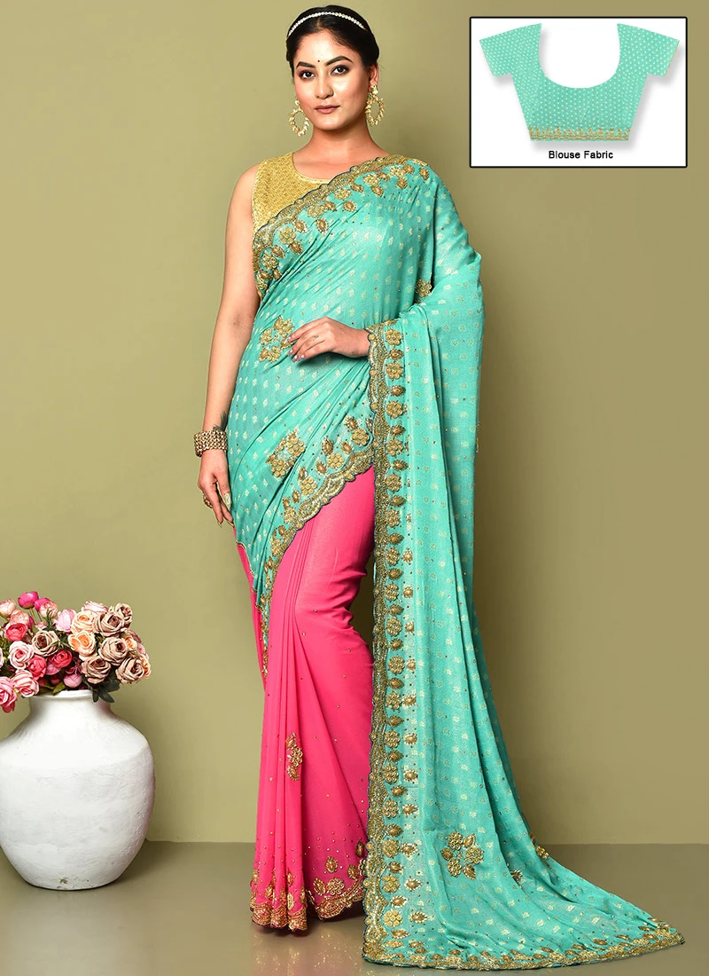 Blue And Pink Color Jacquard Shimmer Hand Embroidery Stone Work Saree Party Wear 3 Blue And Pink Color Jacquard Shimmer Hand Embroidery Stone Work Saree Party Wear - Image 3