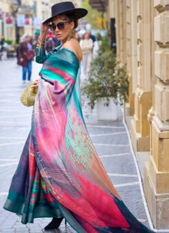 Blue Art Silk Digital Print Saree After Six Wear -C Bazaar Shop blue art silk digital print saree sasli2172334010 b