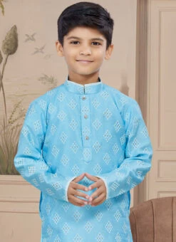 Blue Art Silk Embroidered Kurta Pyjama For Boys Festive Wear -C Bazaar Shop blue art silk embroidered kurta pyjama for boys kdbmsgr745 b