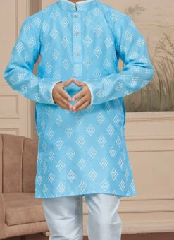 Blue Art Silk Embroidered Kurta Pyjama For Boys Festive Wear