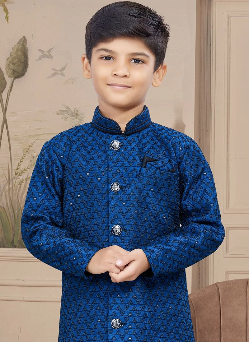 Blue Art Silk Embroidered Sherwani For Boys Festive Wear 3 Blue Art Silk Embroidered Sherwani For Boys Festive Wear - Image 3