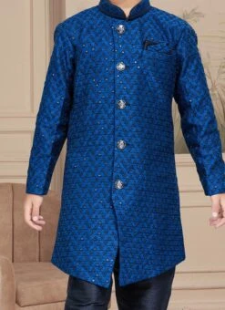 Blue Art Silk Embroidered Sherwani For Boys Festive Wear