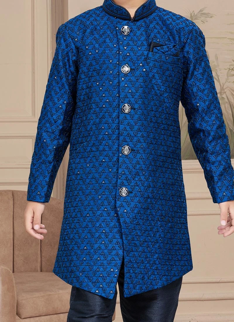 Blue Art Silk Embroidered Sherwani For Boys Festive Wear 1 Blue Art Silk Embroidered Sherwani For Boys Festive Wear