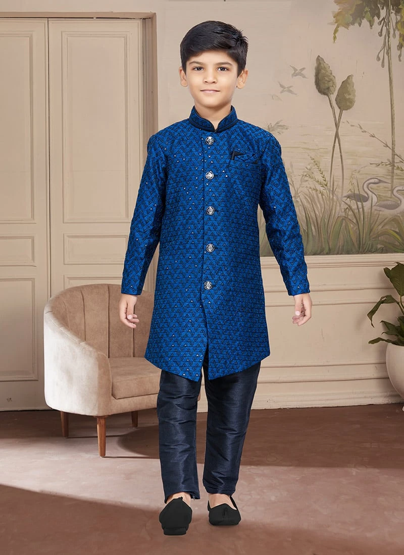 Blue Art Silk Embroidered Sherwani For Boys Festive Wear 2 Blue Art Silk Embroidered Sherwani For Boys Festive Wear - Image 2