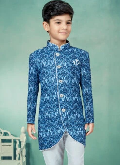 Blue Art Silk Printed Indowestern Sherwani Party Wear -C Bazaar Shop blue art silk printed indowestern sherwani kdbmsgrk575 b