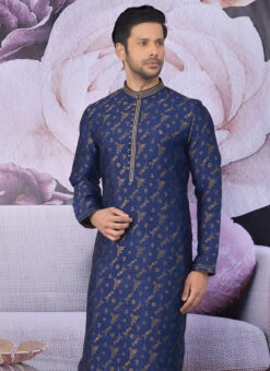 Blue Banarasi Art Silk Kurta Pyjama Party Wear 5 Blue Banarasi Art Silk Kurta Pyjama Party Wear -C Bazaar Shop blue benarasi art silk kurta pyajam kpmarc7915 b