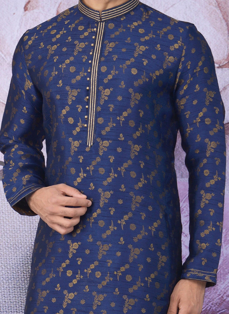 Blue Banarasi Art Silk Kurta Pyjama Party Wear 1 Blue Banarasi Art Silk Kurta Pyjama Party Wear