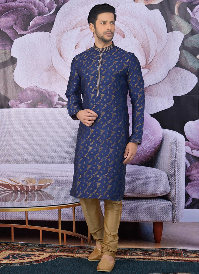 Blue Banarasi Art Silk Kurta Pyjama Party Wear 2 Blue Banarasi Art Silk Kurta Pyjama Party Wear - Image 2
