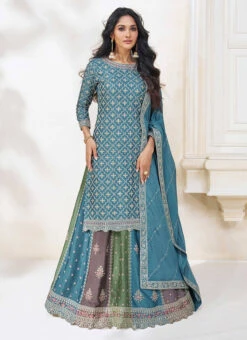 Blue Chinon Embroidered Umbrella Lehenga Party Wear -C Bazaar Shop blue chinon embroidered umbrella lehenga ghska47329702 u