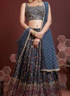 Blue Chinon Printed Designer Lehenga Choli Festive Wear