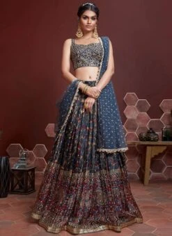 Blue Chinon Printed Designer Lehenga Choli Festive Wear -C Bazaar Shop blue chinon printed designer lehenga choli ghsak4286102 u