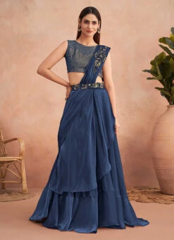 Blue Chinon Silk Embroidered Ready Pleated Saree Party Wear 6 Blue Chinon Silk Embroidered Ready Pleated Saree Party Wear -C Bazaar Shop blue chinon silk embroidered ready pleated saree saska36337311b u