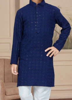 Blue Cotton Embroidered Kurta Pyjama For Boys Festive Wear