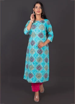 Blue Cotton Foil Print Kurta Straight Pant Set Party Wear 6 Blue Cotton Foil Print Kurta Straight Pant Set Party Wear -C Bazaar Shop blue cotton foil print kurta straight pant set krsjzlo0013 u