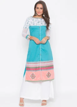 Blue Cotton Palazzo Set Party Wear -C Bazaar Shop blue cotton palazzo set krsmnkc2001 u