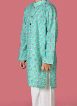 Blue Cotton Printed Stitched Kurta Pyjama For Boys Festive Wear