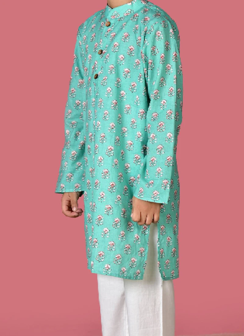Blue Cotton Printed Stitched Kurta Pyjama For Boys Festive Wear 1 Blue Cotton Printed Stitched Kurta Pyjama For Boys Festive Wear