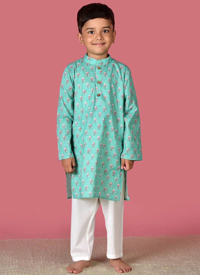 Blue Cotton Printed Stitched Kurta Pyjama For Boys Festive Wear 2 Blue Cotton Printed Stitched Kurta Pyjama For Boys Festive Wear - Image 2