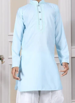 Blue Cotton Solid Stitched Kids Boys Kurta Pyjama Party Wear