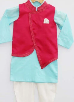 Sky Blue Dupion Silk N Cottton Bandi Set Party Wear