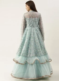 Blue Embroidered Layered Style Bridal Gown Wedding Wear -C Bazaar Shop blue embroidered layered style bridal gown IWBS02008734 b