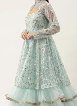 Blue Embroidered Layered Style Bridal Gown Wedding Wear