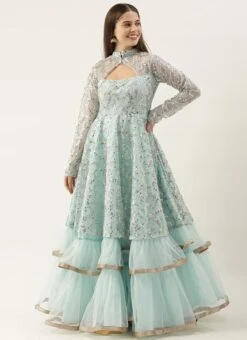 Blue Embroidered Layered Style Bridal Gown Wedding Wear -C Bazaar Shop blue embroidered layered style bridal gown IWBS02008734 u