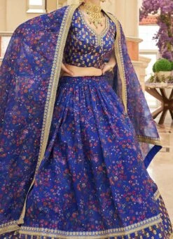 Blue Embroidery Sequins Printed Work Art Silk Umbrella Lehenga Wedding Wear