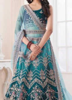 Blue Embroidery Sequins Stone Work Art Silk Umbrella Lehenga Party Wear