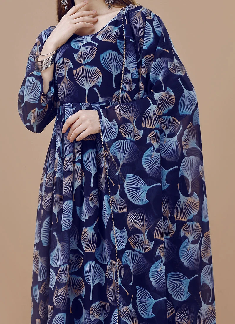 Blue Faux Georgette Digital Print Fit And Flare Dress After Six Wear 1 Blue Faux Georgette Digital Print Fit And Flare Dress After Six Wear