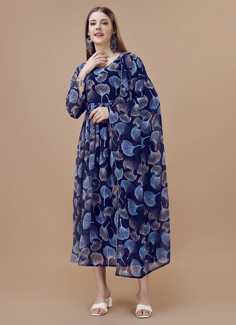 Blue Faux Georgette Digital Print Fit And Flare Dress After Six Wear 3 Blue Faux Georgette Digital Print Fit And Flare Dress After Six Wear - Image 3