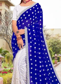 Blue Faux Georgette Embroidered Half And Half Saree Party Wear
