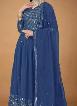 Blue Faux Georgette Embroidered Umbrella Lehenga Party Wear