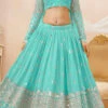Blue Faux Georgette Mirror Work Umbrella Lehenga Wedding Wear