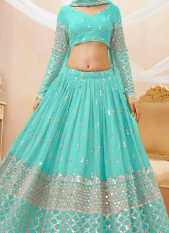 Blue Faux Georgette Mirror Work Umbrella Lehenga Wedding Wear