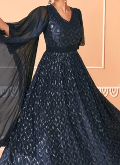 Blue Faux Georgette Sequins Dresses And Gown Wedding Wear