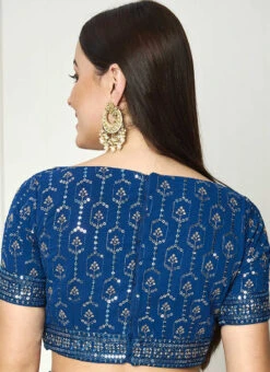 Blue Georgette Embroidered Boat Neck Blouse Wedding Wear -C Bazaar Shop blue georgette embroidered boat neck blouse BLBS02307594 b
