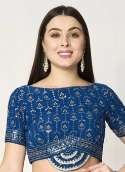 Blue Georgette Embroidered Boat Neck Blouse Wedding Wear -C Bazaar Shop blue georgette embroidered boat neck blouse BLBS02307594 u