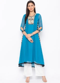 Blue Georgette Embroidered Kurta Palazzo Set After Six Wear -C Bazaar Shop blue georgette embroidered kurta palazzo set krsmnc1934ks u