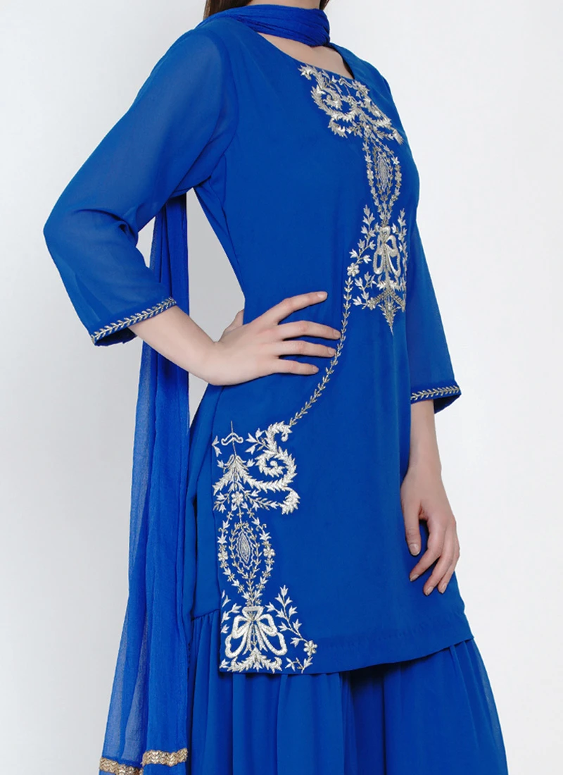 Blue Georgette Kurta Sharara Set Party Wear 1 Blue Georgette Kurta Sharara Set Party Wear