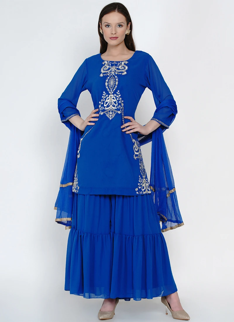 Blue Georgette Kurta Sharara Set Party Wear 3 Blue Georgette Kurta Sharara Set Party Wear - Image 3