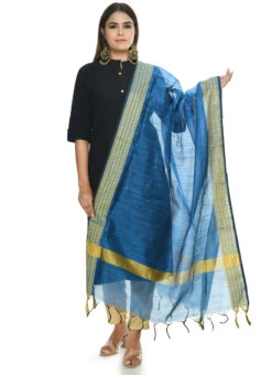 Blue Handloom Cotton Dupatta Festive Wear -C Bazaar Shop blue handloom cotton dupatta dpdmfmfd050 u