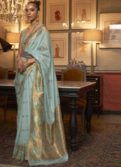 Blue Handloom Zari Work Saree Festive Wear -C Bazaar Shop blue handloom zari work saree samkn994295006 u