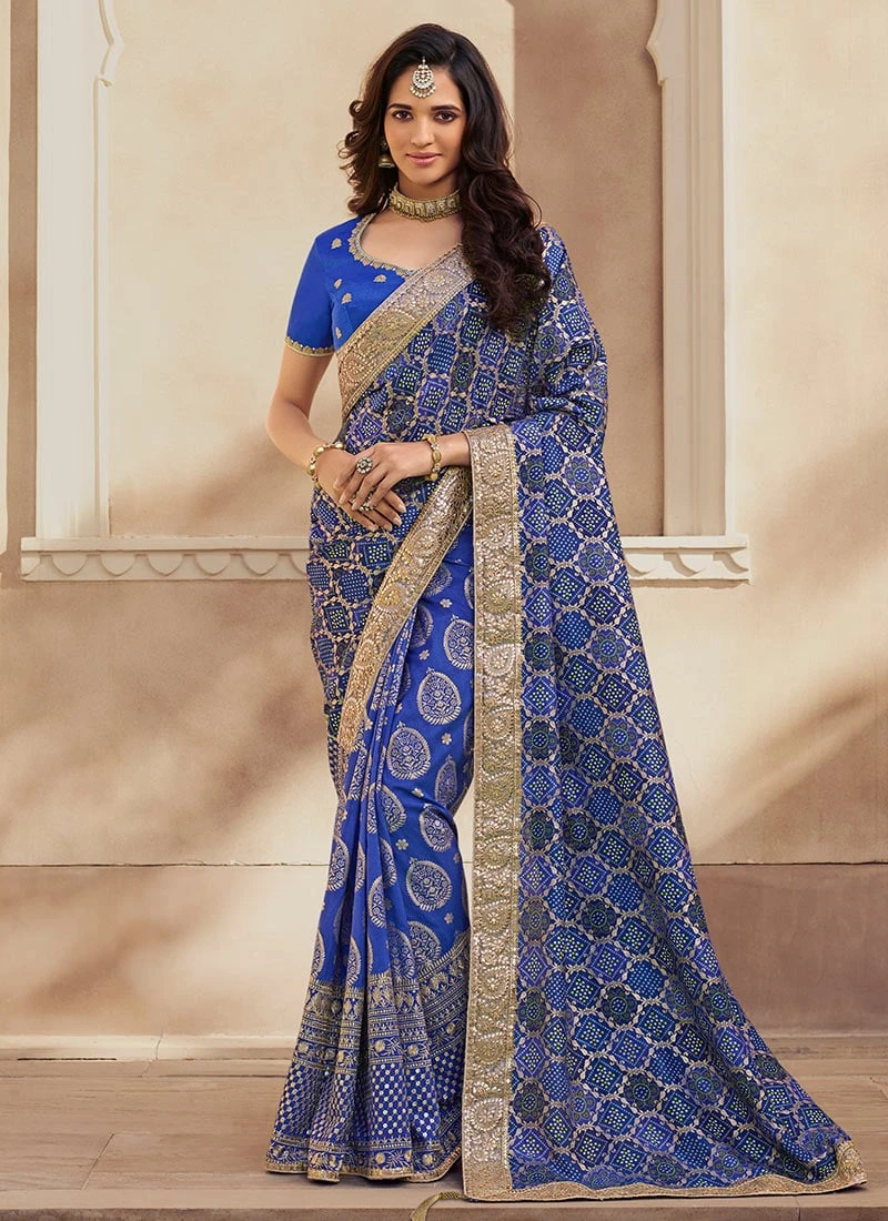 Blue Jacquard Silk Embroiderey N Zari Work Half N Half Saree Party Wear 3 Blue Jacquard Silk Embroiderey N Zari Work Half N Half Saree Party Wear - Image 3