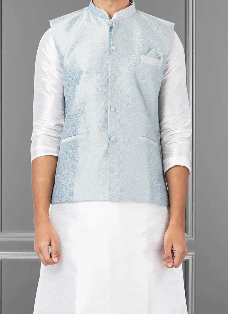 Blue Jacquard Silk Nehru Jacket 1 Blue Jacquard Silk Nehru Jacket