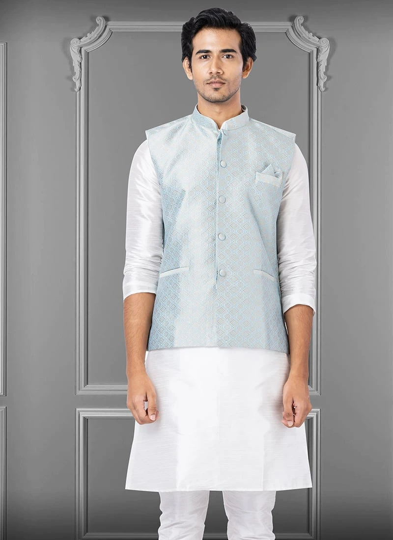 Blue Jacquard Silk Nehru Jacket 2 Blue Jacquard Silk Nehru Jacket - Image 2