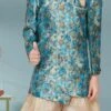 Blue Jacquard Silk Printed Work Indowestern Sherwani Party Wear