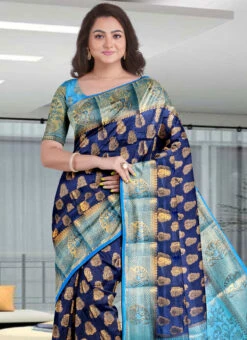 Blue Kanchipuram Art Silk Saree Party Wear -C Bazaar Shop blue kanchipuram art silk saree sascns3839 b