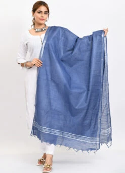 Blue Linen Cotton Dupatta Work Wear -C Bazaar Shop blue linen cotton dupatta dpdmimfd171 u